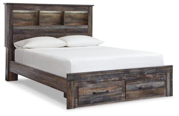 Panel bookcase bed with open-shelf headboard and two drawers, dark wood, white bedding