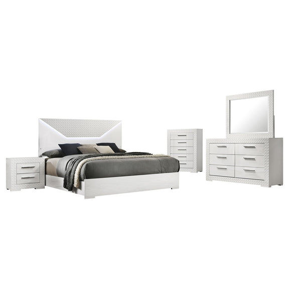White LED bedroom set with upholstered headboard, bed, nightstands, dresser, and mirror