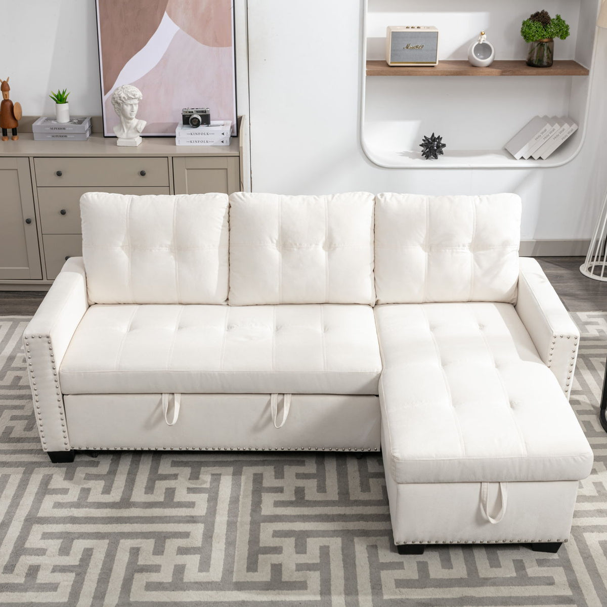 Reversible Sectional Storage Sleeper Sofa Bed, L-Shape 2 Seat Sectional Chaise With Storage, Skin-Feeling Velvet Fabric