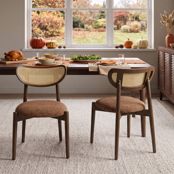 Pair of rattan dining chairs with beige cane backs, brown upholstered seats, and dark wood frames