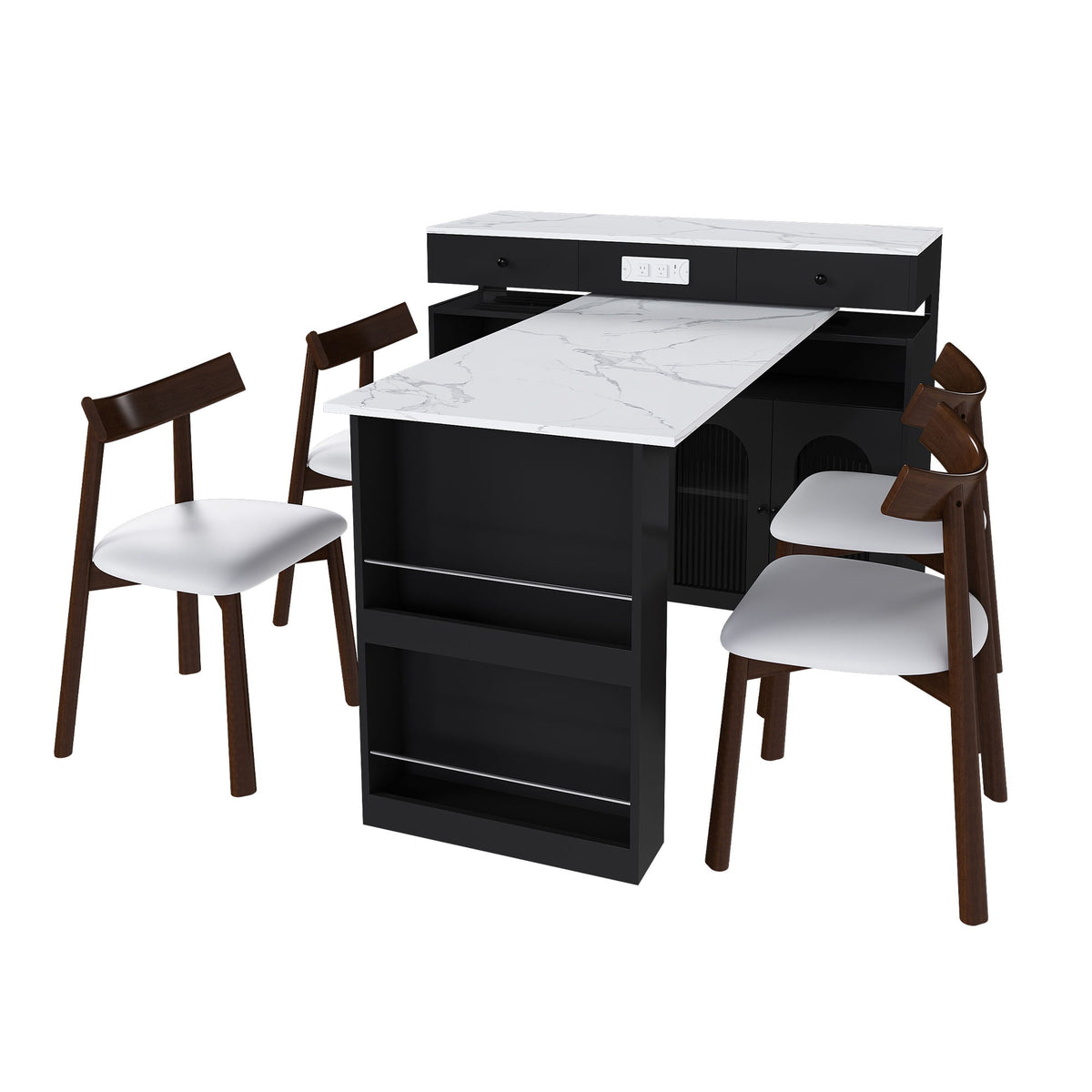 Black kitchen island dining table with marble-look top and four white seat chairs