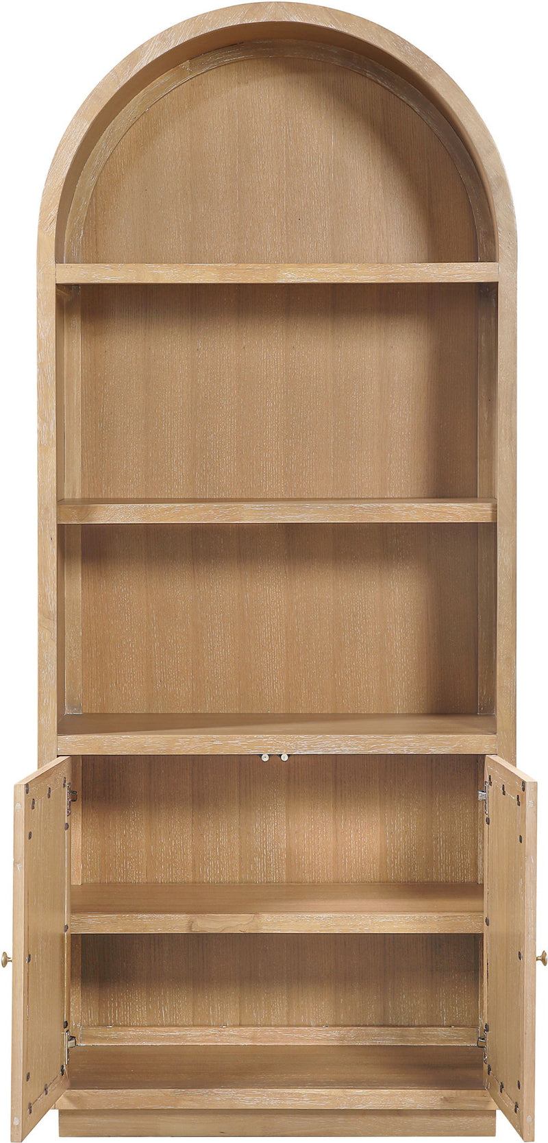 Light brown arched-top open wood bookcase with two shelves and raised side panels