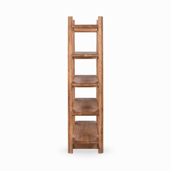 Golden wheat wood bookshelf in slim ladder design with five open shelves
