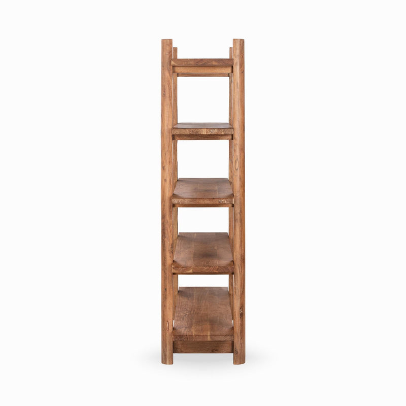 Golden wheat wood bookshelf in slim ladder design with five open shelves
