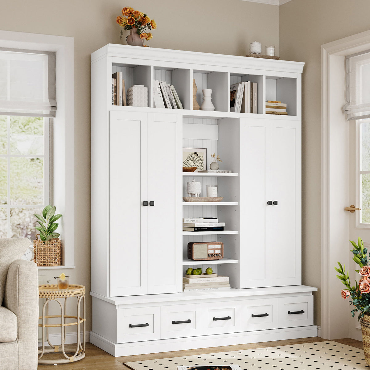 Hall Tree With Bench And 5 Storage Cubbies