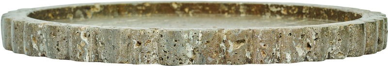 Green-speckled travertine tray side view with thick scalloped rim.