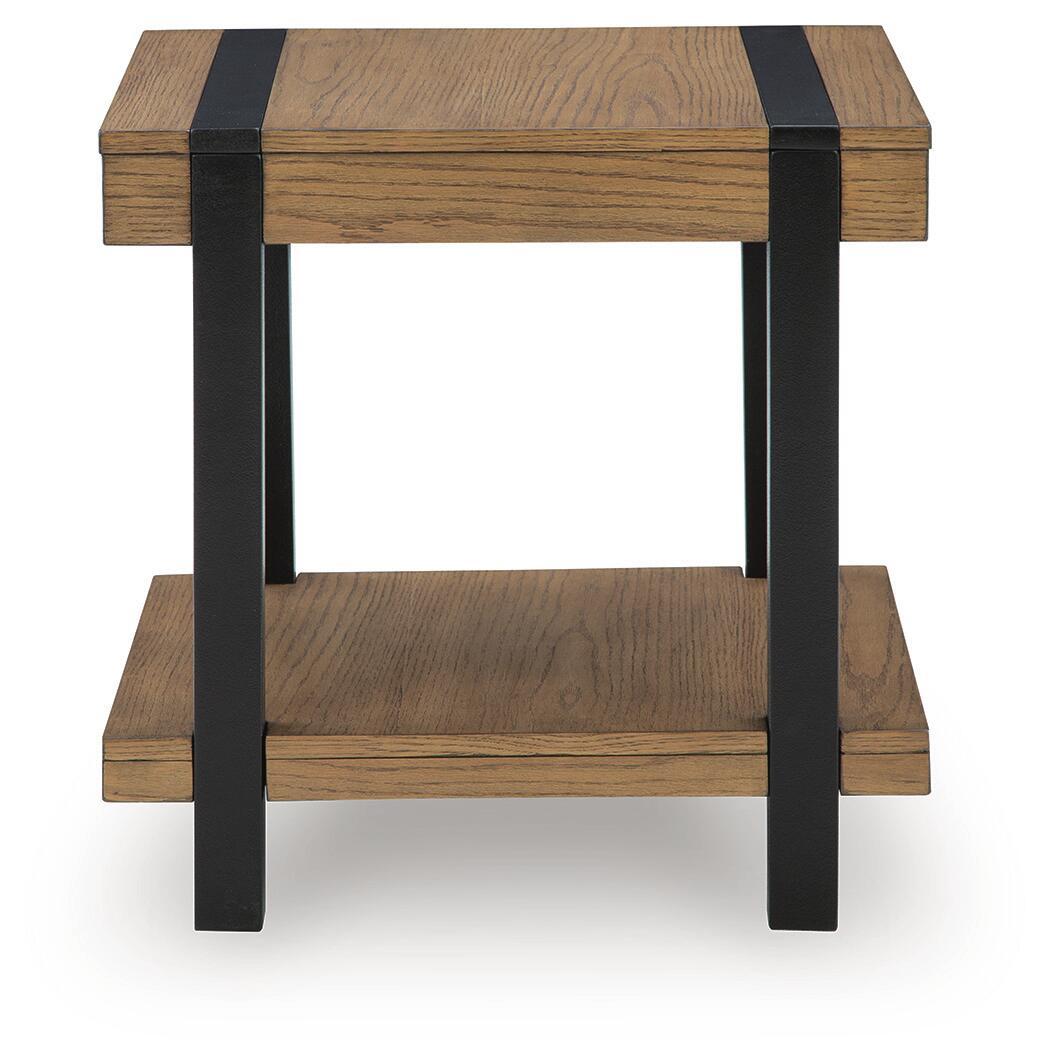 Light brown wood accent table with black legs and lower shelf, with side aprons.