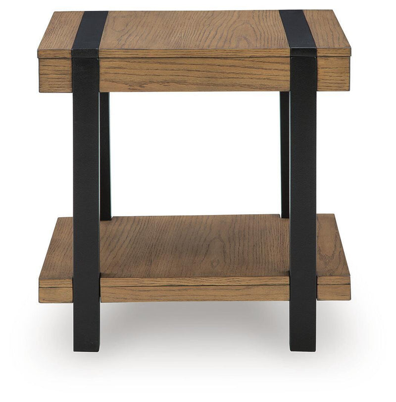 Light brown wood accent table with black legs and lower shelf, with side aprons.