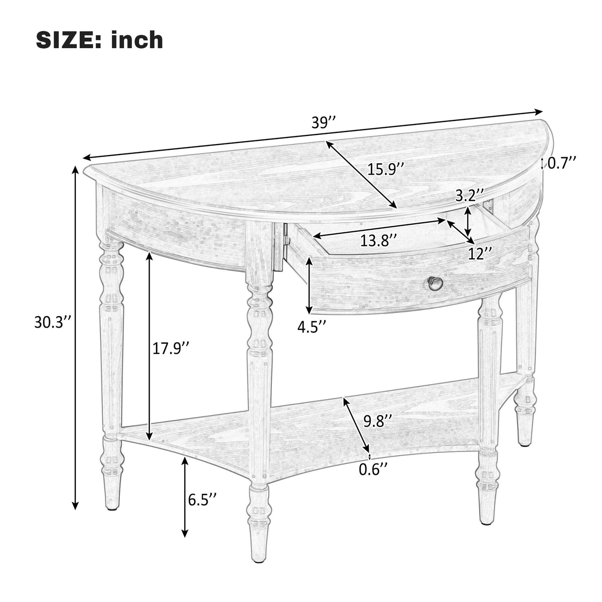 Half Moon Console Table With Drawer & Shelf