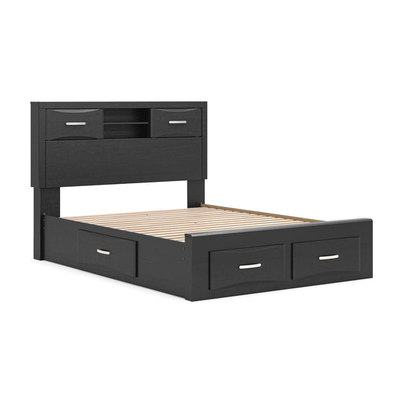 Black queen bed with bookcase headboard and storage footboard, open slat base shown