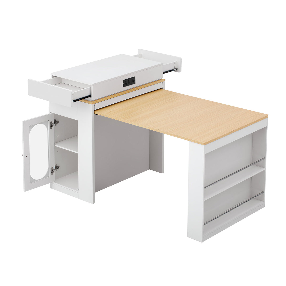 Extendable dining table with white folding top, side cabinet doors, and pull-out panel