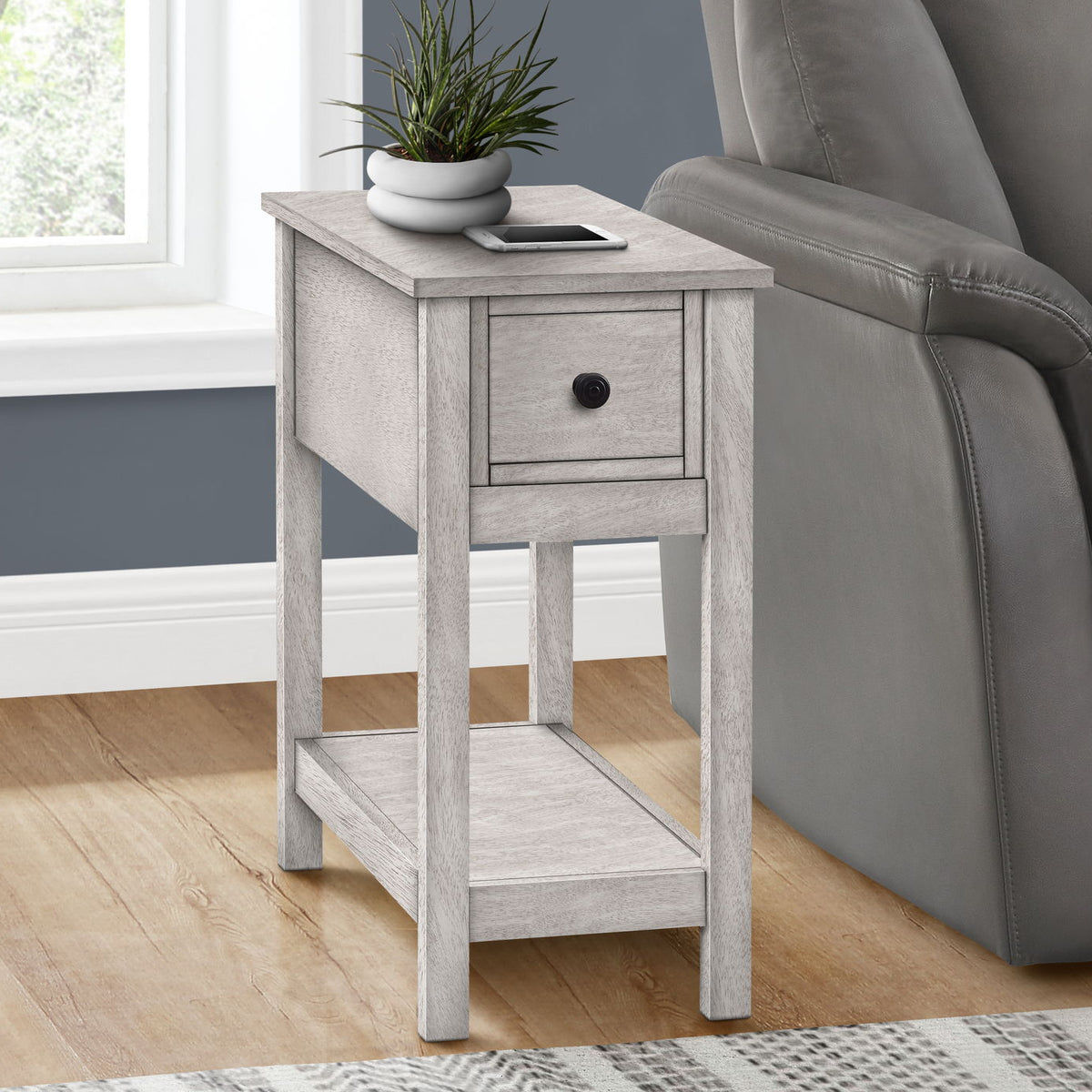 Accent End Table, 2 Tier, Narrow, Lamp, Storage Drawer, Charming Design