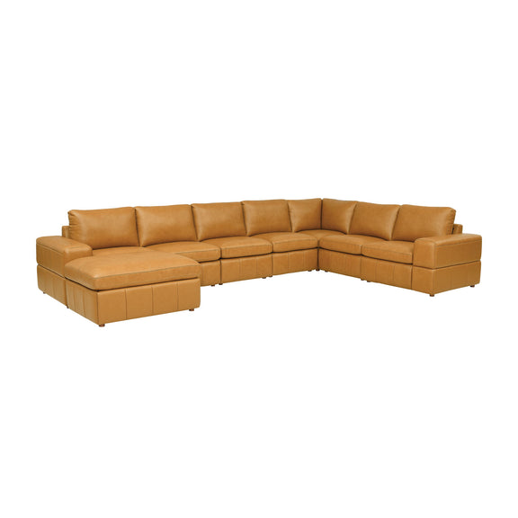 Light brown modular sectional sofa with wide chaise and boxed square arms