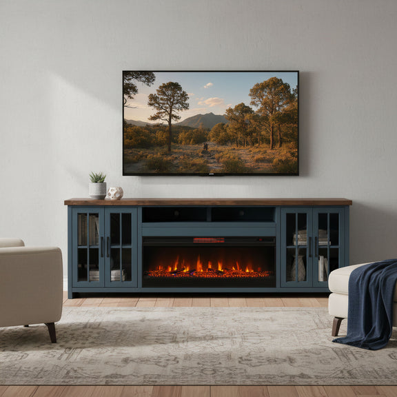 Blue fireplace TV console with central firebox and two glass-front side cabinets