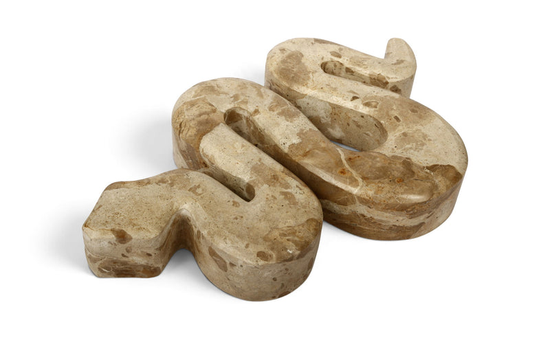 Beige marble tabletop object sculpture with curved cutouts, 3-piece set