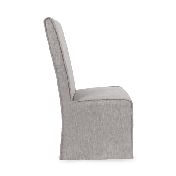 Gray upholstered dining chair side view with tall back, square arms, and base feet