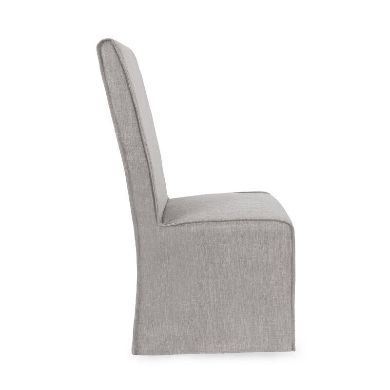 Gray upholstered dining chair side view with tall back, square arms, and base feet
