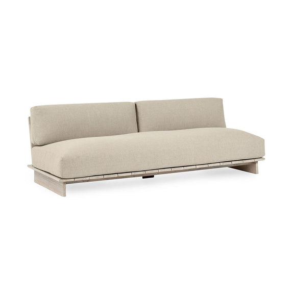 Outdoor taupe cushion sofa with angular armrests and teak base