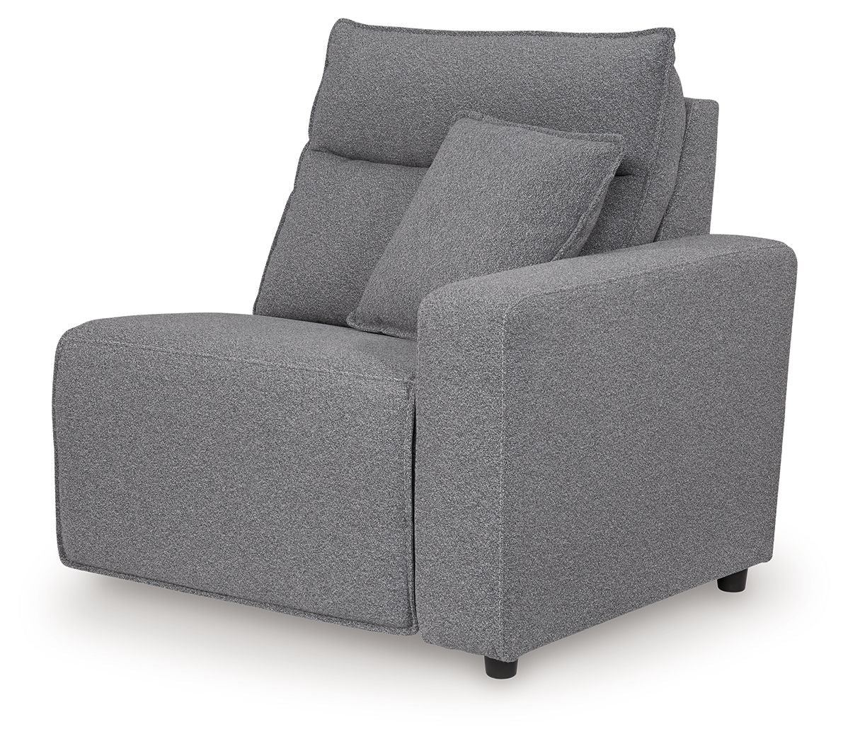 Salt-and-pepper gray upholstered recliner with reclined back, lumbar pillows, and track arms