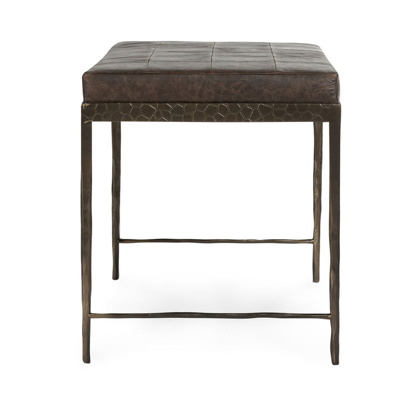 28-inch leather bench, brown stitched cushion top and dark wood legs