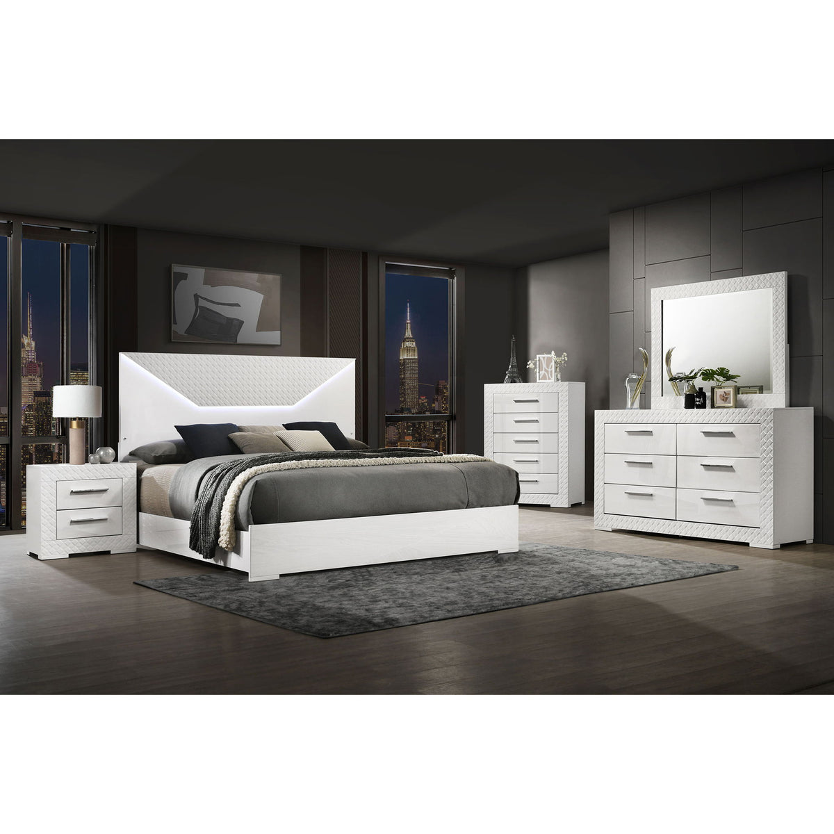 White bedroom set with LED headboard, bed, dresser, mirror, and nightstands in room