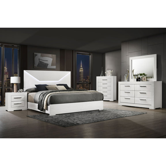 White bedroom set with LED headboard, bed, dresser, mirror, and nightstands in room