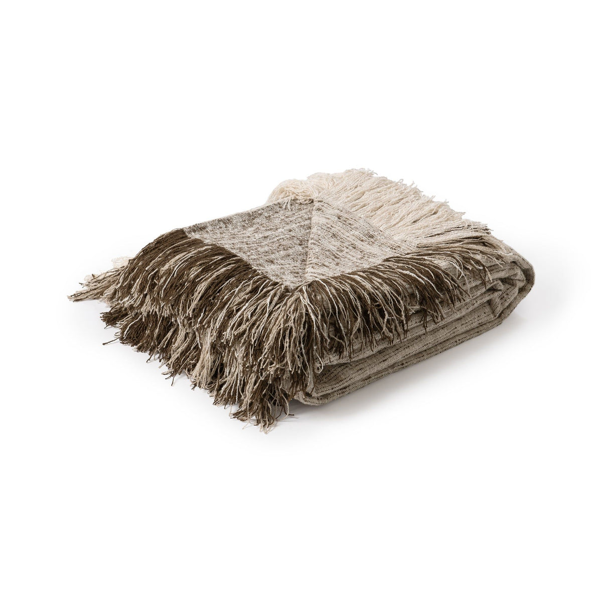 Folded two-tone throw blanket with long fringe, light and dark woven layers