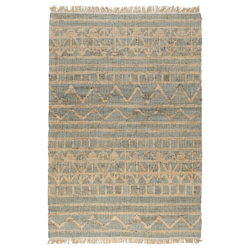 Distressed rug in blue and natural tones with zigzag bands and fringed border