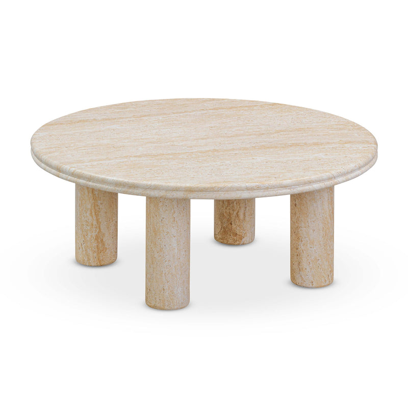Beige round accent table with textured top and three visible pedestal legs