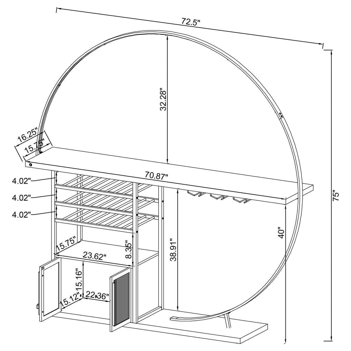 Line drawing of white 2-door home bar storage cabinet with arched light frame and dimensions