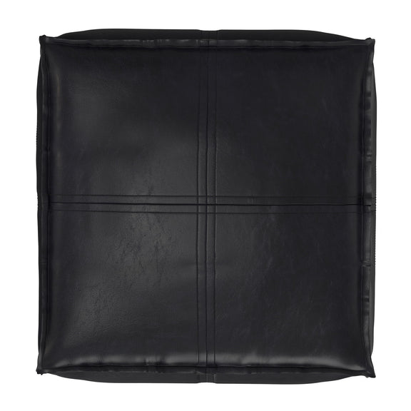 Black square pouf cover with stitched cross-panel seams and rounded edges.