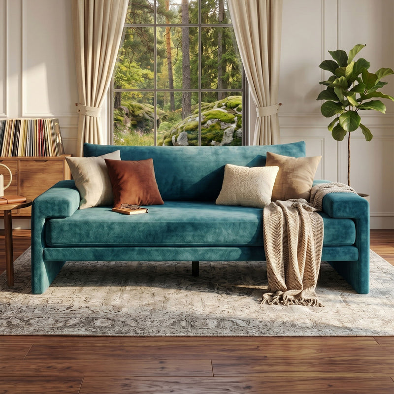 Upholstered 3-seater sofa with wide arms, teal fabric, square back cushions