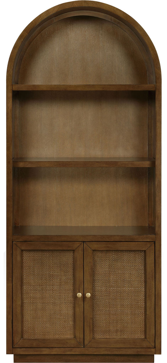 Dark brown arched-top bookcase with two mesh-front doors and two interior shelves