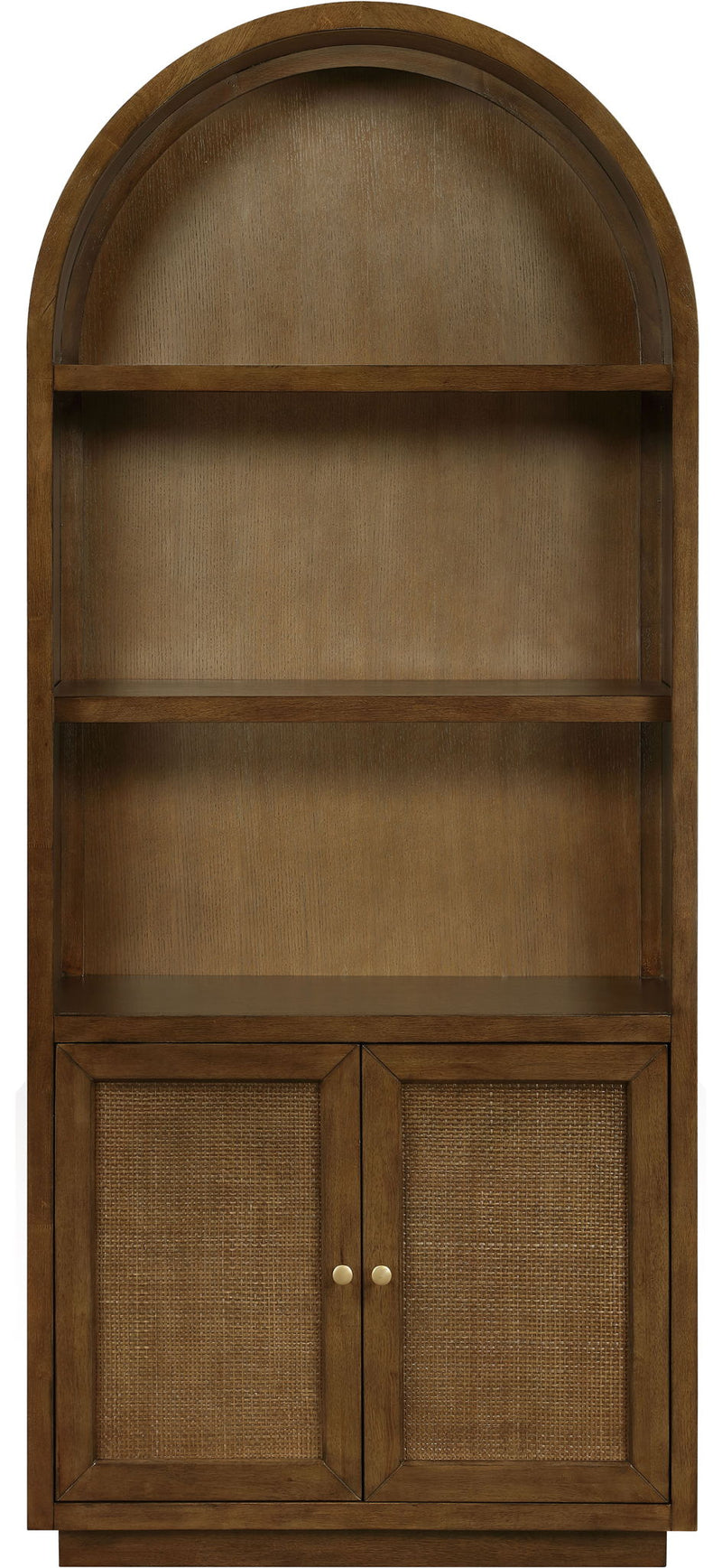 Dark brown arched-top bookcase with two mesh-front doors and two interior shelves