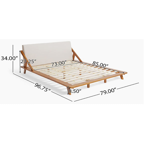 Fabric upholstered bed with acacia wood frame and slatted base, shown with size dimensions