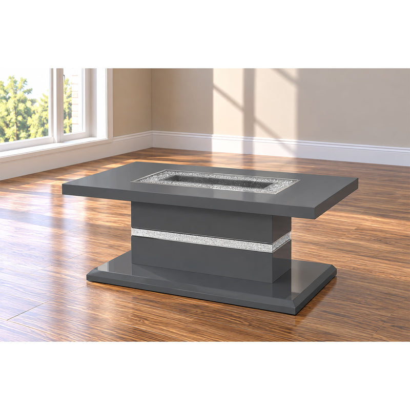Dark gray rectangular coffee table with metal inset top and lower shelf