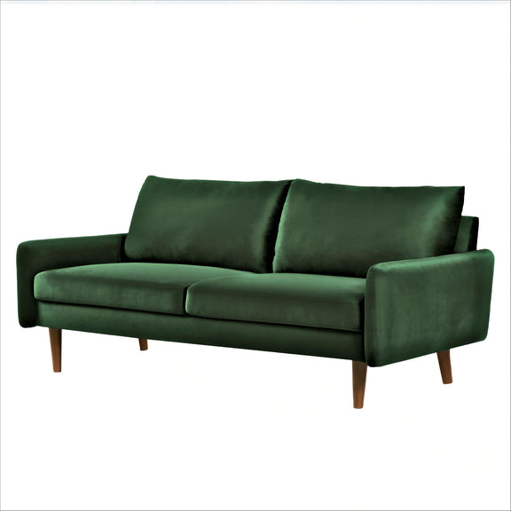 Kent sofa in dark green with two back cushions, wide arms, and tapered wooden legs