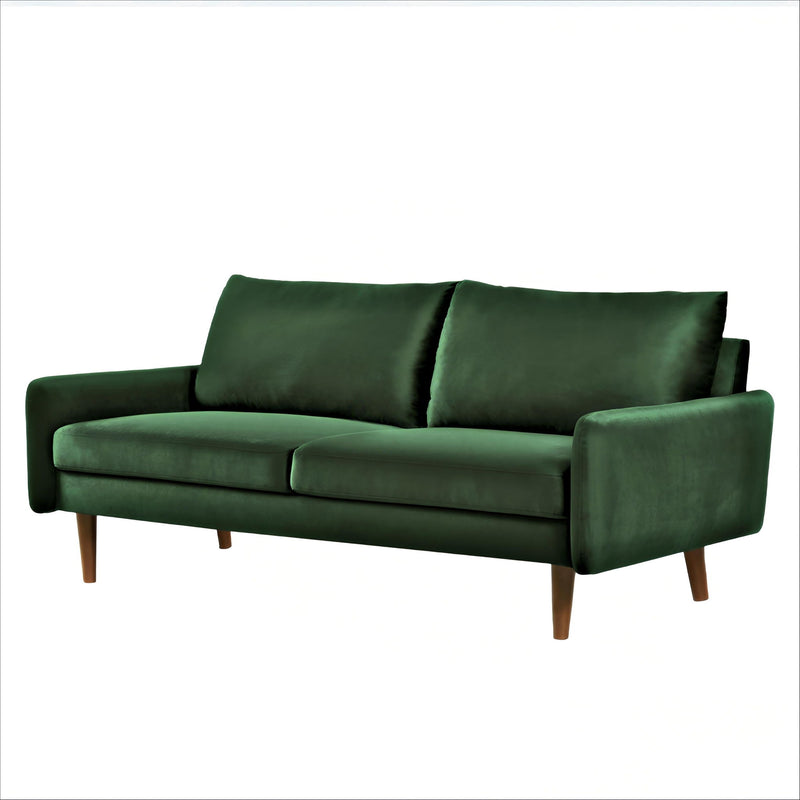 Kent sofa in dark green with two back cushions, wide arms, and tapered wooden legs