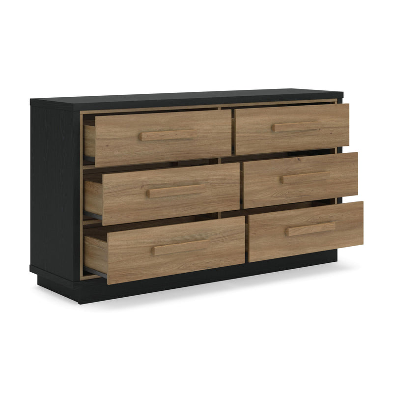 Six-drawer dresser with black frame and light wood drawer fronts, metal pulls