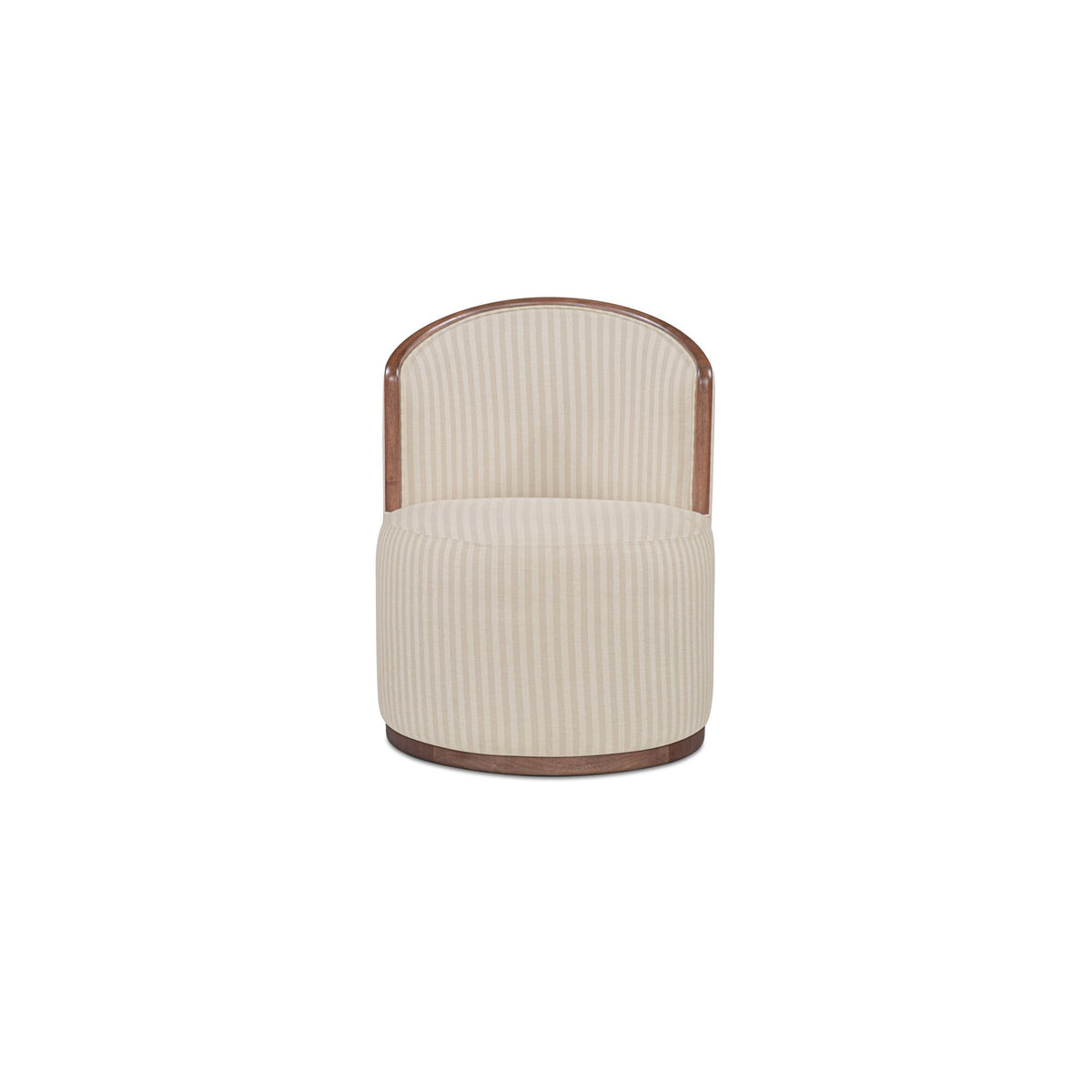 Swivel dining chair with beige vertical stripe upholstery and rounded wood base