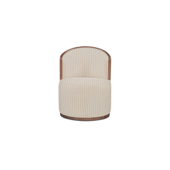 Swivel dining chair with beige vertical stripe upholstery and rounded wood base