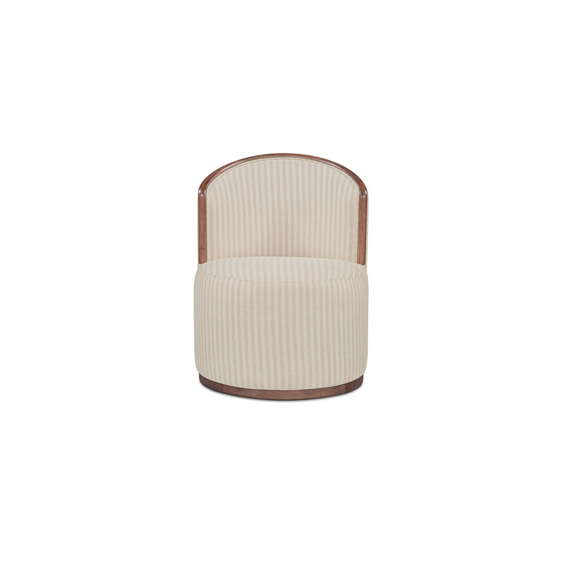 Swivel dining chair with beige vertical stripe upholstery and rounded wood base
