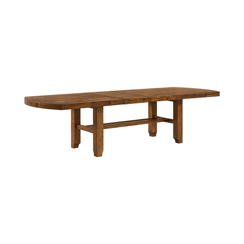 Light brown standard-height dining table with cross-brace support