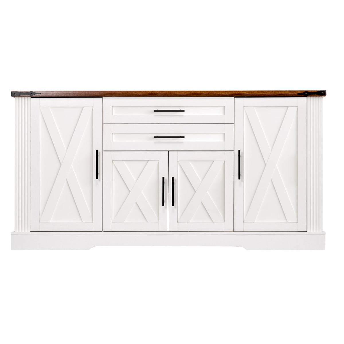White barn door storage cabinet with 2 drawers and paneled doors, side handles