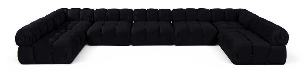 Black U-shaped modular sectional sofa with cushioned seat and rounded armrests