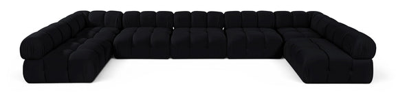 Black U-shaped modular sectional sofa with cushioned seat and rounded armrests