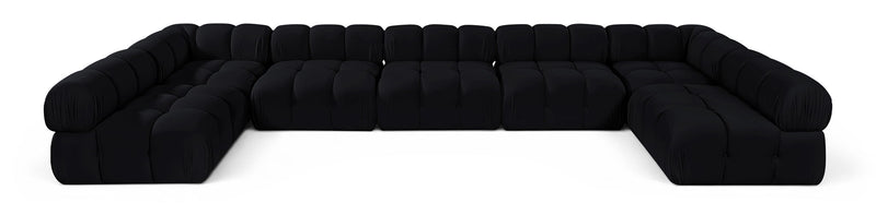 Black U-shaped modular sectional sofa with cushioned seat and rounded armrests