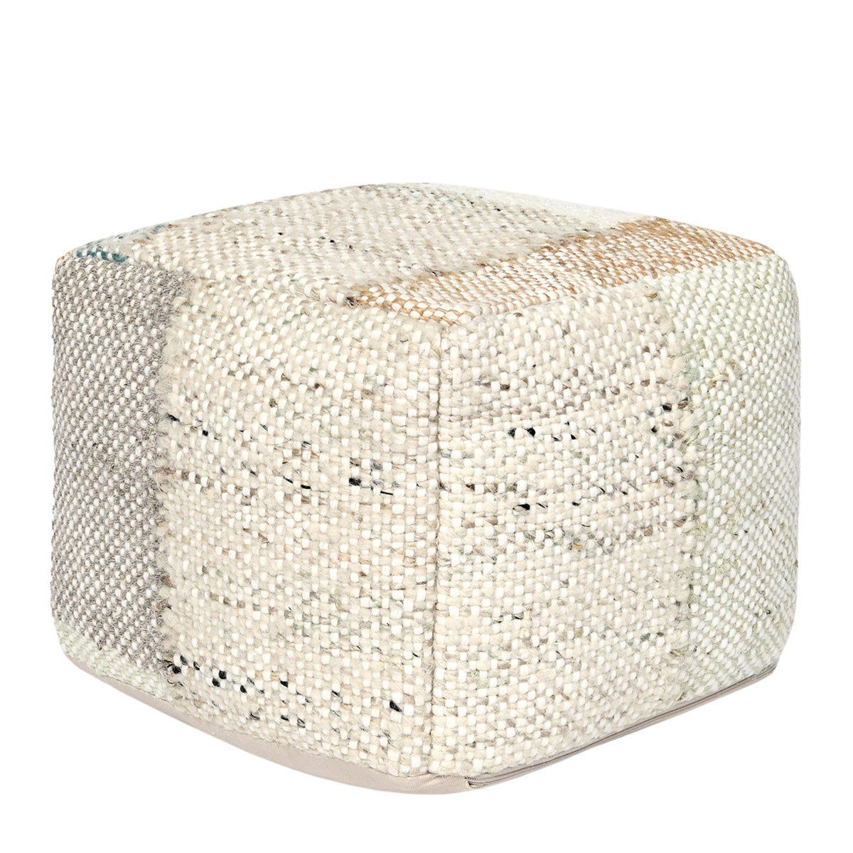 Compact rounded ottoman pouf with light woven fabric and subtle tan pattern flecks