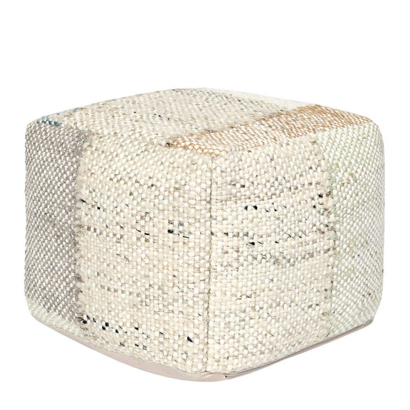 Compact rounded ottoman pouf with light woven fabric and subtle tan pattern flecks