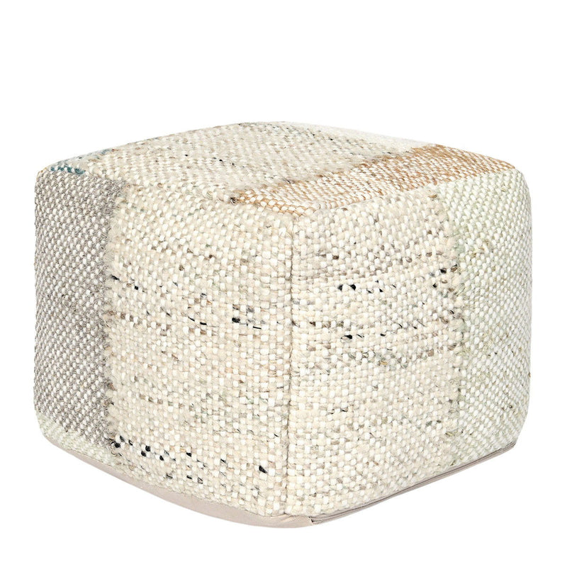 Compact rounded ottoman pouf with light woven fabric and subtle tan pattern flecks